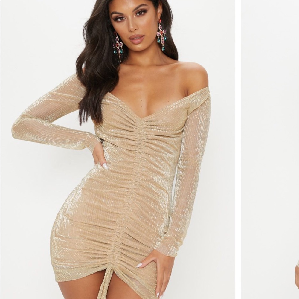 NEW Metallic Plisse Ruched Front Bardot Bodycon